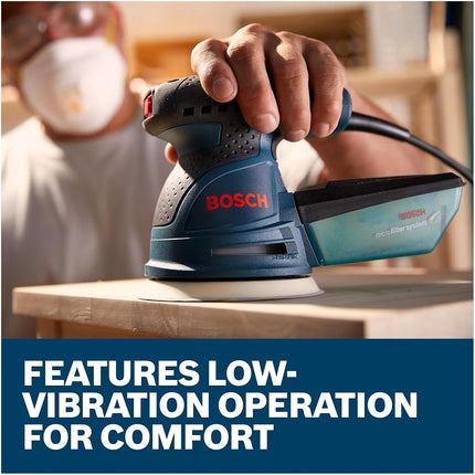 BOSCH ROS20VSC Palm Sander 2.5 Amp 5 Inch Corded Variable Speed Random Orbital Sander, Polisher Kit with Dust Collector and Soft Carrying Bag