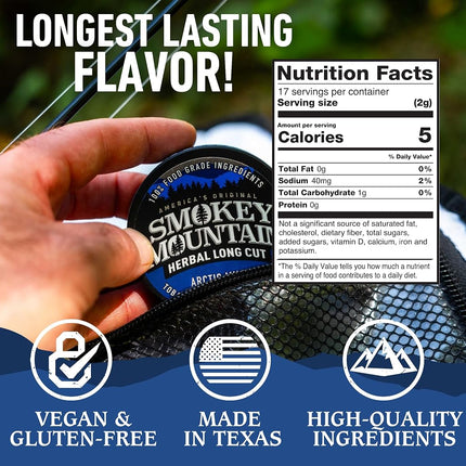 Smokey Mountain Arctic Mint Snuff, 5 Cans, no Tobacco and no Nicotine, Refreshing Herbal and Smokeless Chew Alternative