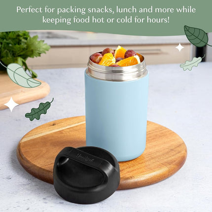 Goodful Vacuum Sealed Insulated Food Jar with Handle Lid, Stainless Steel Thermos, Lunch Container, 16 Oz, Sky Blue