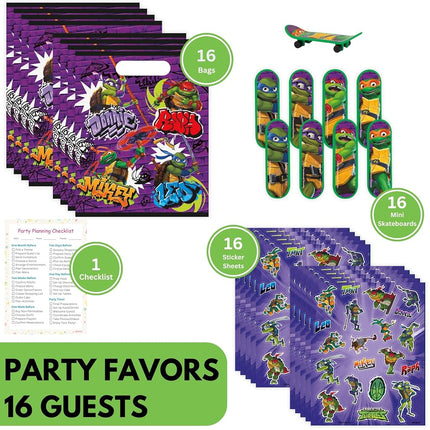 Unique Ninja Turtle Party Favors Pack – For 16 Guests - TMNT Party Favor Bags, Sticker Sheets, Mini Skateboards, Checklist – Teenage Mutant Ninja Turtle Party Decorations & Supplies