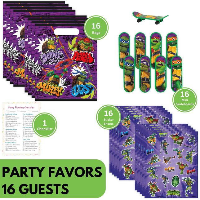 Paquete único de recuerdos de fiesta de las Tortugas Ninja – Para 16 invitados – Bolsas de regalo de fiesta TMNT, hojas de calcomanías, mini patinetas, lista de verificación – Decoraciones y suministros de fiesta de las Tortugas Ninja