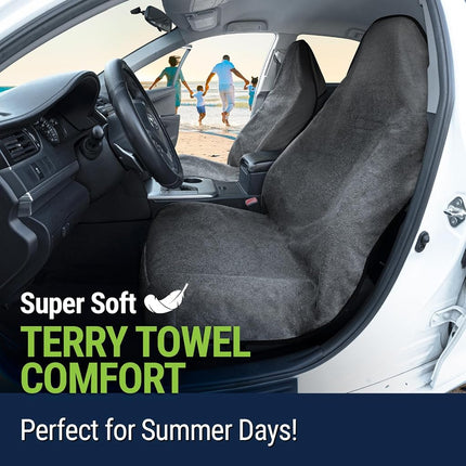 Season Guard Terry Cloth Sweat Towel Seat Cover; Carseat Towel Protector; Great for Gym Workout; Waterproof; Universal Fit for Car SUV Van Truck; EZ fit; Non Slip Grip; Machine Washable; 2pc Grey