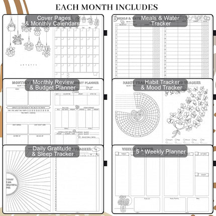 ONGROX Premade Bullet Style Notebook with Hand-Drawn Pages, Dotted Journal with Unique Pre-Made Bullet Templates, Undated Planner with Weekly Spreads & Monthly Themes, 12 Months, A5 Linen Hardcover