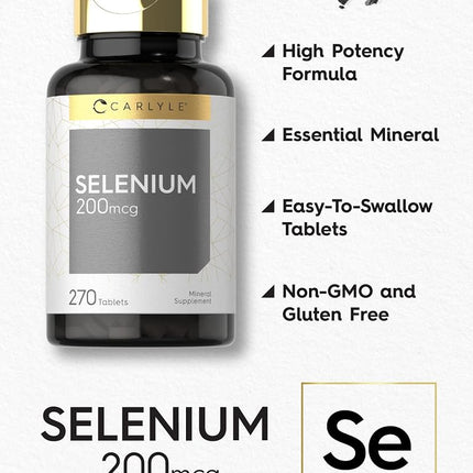 Selenium 200mcg | 270 Tablets | Vegetarian, Non-GMO & Gluten Free Supplement | by Carlyle