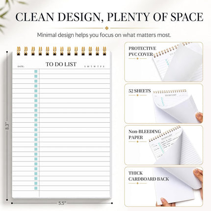 KAICN To Do List Notepad, Undated Daily Planner Notepad With To Do List Notebook Checklist Spiral Waterproof for Office Supplies, School Planner, 3 Pack, 52 Sheets/Pack, 5.5''x8.3'' A5 Size