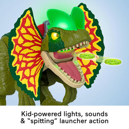 Fisher-Price Imaginext Jurassic World Dinosaur Toy Thrash Attack Dilophosaurus 16+ Inch Figure with Lights & Sounds for Kids Ages 3+ Years, HVY16