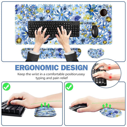 ToLuLu Desk Mat, Gaming Mouse Pad Wrist Support 4 in1 Set, XXL Large Mouse Pad + Keyboard Wrist Rest + Memory Foam Cushion Mouse Wrist Rest for Pain Relieve + Coaster Computer, Butterfly Loves Flower