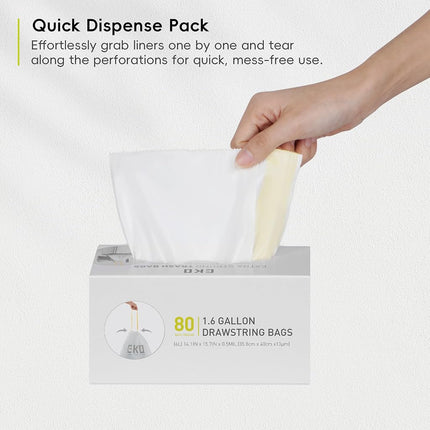 EKO Easy-Dispense Roll 80 Count Extra-Strong Drawstring Small Trash Bag, 1.6 Gallon Trash Bag (3-6L) 1 Pack White, Code A