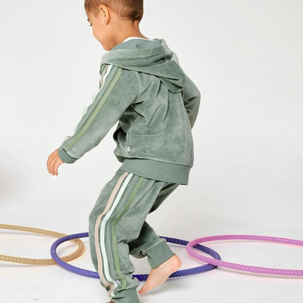 HonestBaby Sudadera con capucha de terciopelo, sudadera con cremallera y conjunto de pantalones deportivos para bebé, niño pequeño, niños y niñas, unisex, color salvia con raya, 12 meses