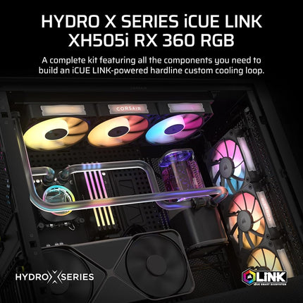 CORSAIR iCUE LINK XH505i RX 360 RGB Custom Cooling Kit – XC7 ELITE CPU Water Block, XD6 ELITE Pump Reservoir, 3x RX120 RGB Fans, XR5 360mm Radiator, iCUE LINK System Hub – Black