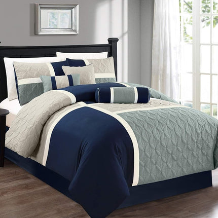Chezmoi Collection 7-Piece Quilted Patchwork Set, Polyester, Navy/Blue/Grey, Queen