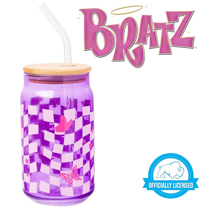 Silver Buffalo Bratz Logo Retro Groovy Purple Checkered Glass Jar Tumbler with Bamboo Lid and Glass Straw, 16 Ounces