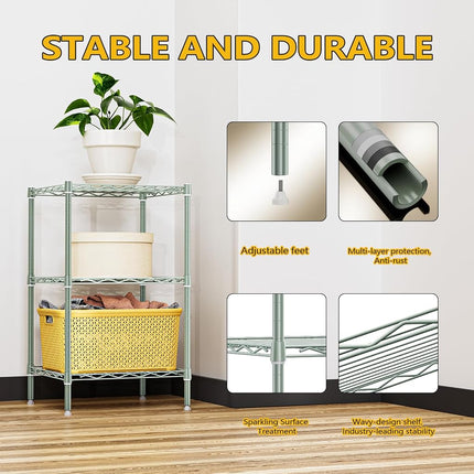 M MZG 750 lbs 3-Shelf Storage Shelves Wire Shelving Unit Standing Metal Rack for Small Places Narrow Wire Rack for Bathroom, Green 13.8 D x 13.8" W x 25.5" H