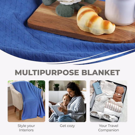 Superior 100% Cotton Thermal Blanket, Soft and Breathable Cotton for All Seasons, Bed Blanket and Oversized Throw Blanket with Luxurious Diamond Weave - Full/Queen Size, Merritt Blue