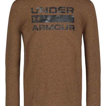 Under Armour Boys' Outdoor Long Sleeve Tee, Stylish Crew Neckline, Cute Full Fit, Stacked Camel, XL