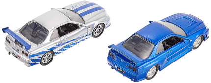 Fast & Furious Brian's Nissan Skyline GT-R R34 Silver & Nissan GT-R R34 Blue 1:32 Die Cast Car, Toys for Kids and Adults