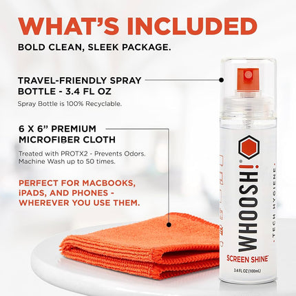 WHOOSH! Screen Cleaner Kit - Best for- Smartphones, iPads, Eyeglasses, Kindle, LED, LCD & TVs - Includes 3.4 Oz Bottle + 1 Premium Cloth