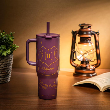 Zak Designs Harry Potter Sutton Travel Tumbler for On The Go, 30oz Stainless Steel with Vacuum Insulation, Silicone Straw, and Carry Handle for Cold Drinks (Hogwarts)