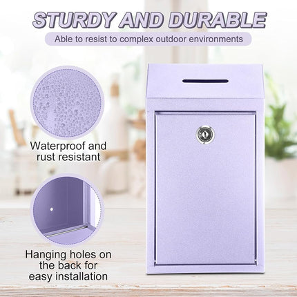 Yaocom Metal Donation Box Collection Box Safe Suggestion Box with Lock Wall Mounted Mailbox Delivery Ballot Box Key Box for Home Office Outdoor Door (Morandi Purple,10.24 x 5.71 x 2.95 Inch)