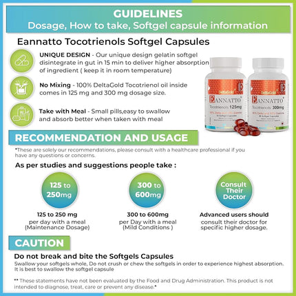 Complément de vitamine E Tocotriénols dérivé de rocou – DeltaGold, sans tocophérol, favorise le cholestérol, l'inflammation, la santé du cerveau et de la peau (300 mg, 30 gélules)