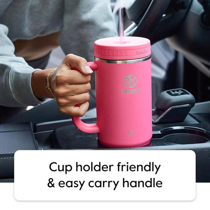 Takeya Straw Tumbler with Handle - for Coffee, Water & More - Durable with Built-in Silicone Coaster & 2 Straws - Double Stainless Steel Insulation - 40 oz, Blush