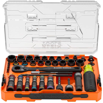 Klein Tools 65500KNECT KNECT Impact Socket Set, SAE and Metric Pass Through Socket Set, 90-Tooth Ratchet, MODbox Case, SAE, Metric, Screwdriver Handle, Bits, 39-Piece