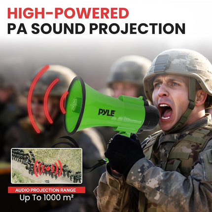 Pyle 30W Megaphone Bullhorn Speaker – Portable Handheld PA System with Siren Alarm & Voice Mode, Adjustable Volume, Battery Powered Loudspeaker with 730m Range – Green