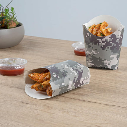 Bio Tek 3.9 x 2.6 x 3.5 Inch French Fry Cup, 100 Disposable Snack Cups - Stackable, Sustainable, Camouflage Paper 2 Ounce Fry Holder, For Fries, Onion Rings, Popcorn, or Cookies - Restaurantware