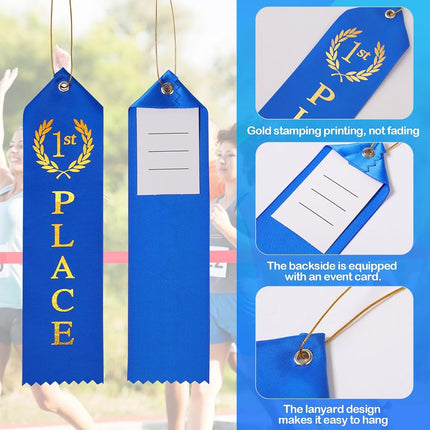 90PCS Award Ribbons, Medal Ribbons for 1st, 2nd, 3rd Place, Event Card & Rope Included, Perfect for Competitions, Sports Events, School Challenges, Vibrant Blue, Red, and White