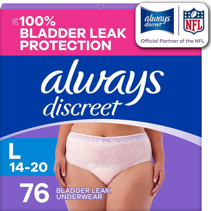 Always Discreet Adult Incontinence Underwear for Women and Postpartum Underwear, up to 100% Bladder Leak Protection, Large, 76 Count
