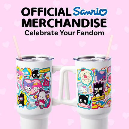 Vaso de acero inoxidable Silver Buffalo Sanrio Hello Kitty and Friends con calcomanía de collage, asa y pajita, cabe en portavasos estándar, 40 onzas