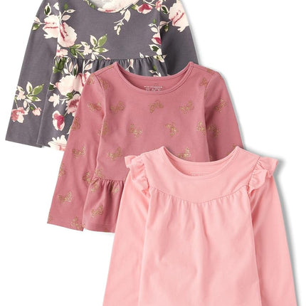 The Children's Place Baby Toddler Girls Long Sleeve Fashion Top Multis, Gray Floral/Rose/Pink 3-Pack, 4T