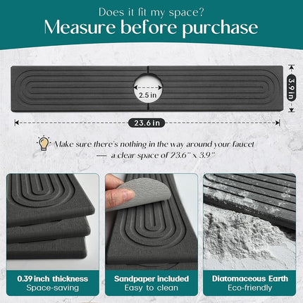 Faucet Splash Guard for Kitchen Sink, Kitchen Sink Faucet Mat with Raised Feet, Durable Drying Matt Kitchen Counter Stone, Water Absorbent Diatomite Drying Mat (Dark Grey, 23.6" x 3.9")