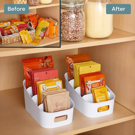 YouCopia ShelfBin, 4 Stairstep Raised Divided Bin, BPA-Free Storage Caddy for Kitchen Pantry and Cabinet, Tiered Packet Organizer, Speckled White