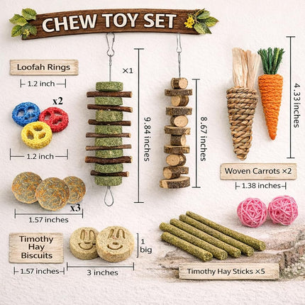 Grddaef Bunny Chew Toys for Teeth, Natural Rabbit Toys Apple Wood Grass Timothy Sticks Chew and Treat for Guinea Pigs Hamster Chinchillas (20 PCS)