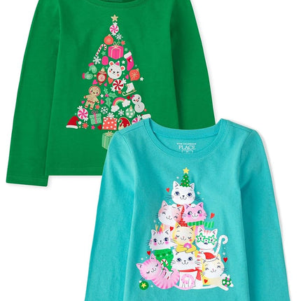 The Children's Place Baby Girls' and Toddler Assorted Everyday Short Sleeve Graphic T-Shirts, Xmas Tree/Xmas Cat Tree 3-Pack, 3T