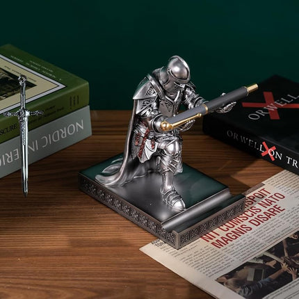 HDMbigmi King's Guard Leader Cloak Warrior Knight Pen Holder Mobile Phone Stand, Ornament Knight Statue, Pen Stand Paperweight with a Metal Sword Letter Opener for Office and Home (Silver)