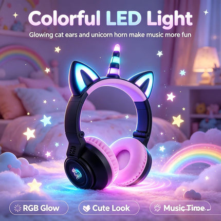Unicorn Kids Headphones,Unicorn Bluetooth Headphones Foldable for Girls Boys Toddlers Phones pad/Amazon fire/Tablet,Light Up Kids Wireless Headphone Birthday Gifts (Black)