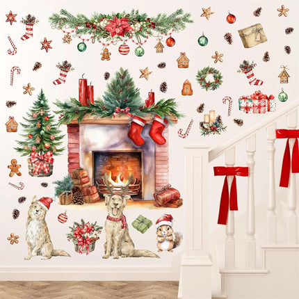 Christmas Wall Decals Merry Christmas Wall Stickers Fireplace Stickers Christmas Pine Tree Decals for Wall Removable Winter Animals Wall Art Decals for Christmas Party Supplies Living Room Home Decor
