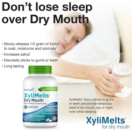 Oracoat XyliMelts for Dry Mouth Night Time or Day - Moisturizing Dry Mouth Adhering Discs, Sugar Free with Xylitol, 230 Count, Mild- Mint Flavor, 8-Hour Relief