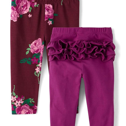 The Children's Place Baby Girls' and Newborn Knit Pull on Pants, Floral/Fuschia Ruffle 2-Pack, 3-6 Months