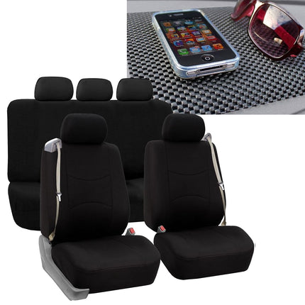 FH GROUP FH-FB351115 All Purpose Flat Cloth Built-In Seat Belt Seat Covers Solid Black Color, Airbag compatible and Split Bench W. FH1002 Non-Slip Dash Pad- Fit Most Car, Truck, Suv, or Van