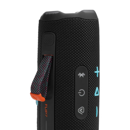 JBL Flip 7 - Altavoz portátil resistente al agua y a caídas, sonido potente y profesional con mejora de sonido IA, 16 horas de reproducción y sistema PushLock con accesorios intercambiables (negro/naranja)