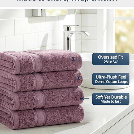 LANE LINEN 100% Cotton Large Bath Towels Set of 4 (28"x54") - Zero Twist, Mercerized Cotton Bathroom Towel 4 Pack - Quick Dry, Soft & Absorbent Large Towels Set - Oeko Tex Certified - Wishful Mauve
