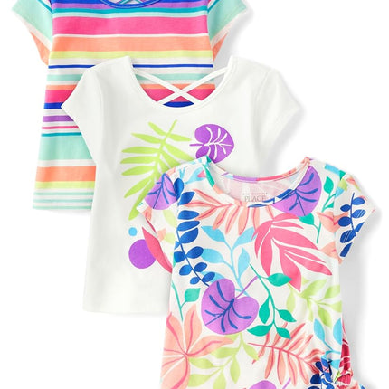 The Children's Place Baby Girls' and Toddler Short Sleeve Everyday T-Shirts, Summer Stripe 3-Pack, 5T