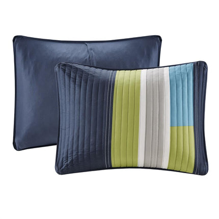Comfort Spaces 3 Piece Quilt Coverlet Bedspread All Season Lightweight Hypoallergenic Pipeline Colorblock Kids Bedding Set, Full/Queen, Pierre Navy/Blue Stripe