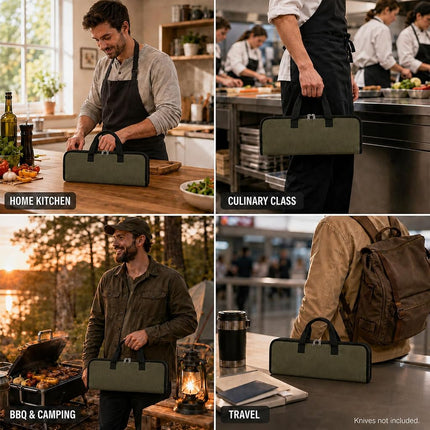 Pro Chef's Knife Roll(4 Slots), Heavy Duty Waxed Canvas Knife Bag Holds 4 Knives with Durable Handles, Portable Knife Carrier Case for Men & Women, Perfect for Travelling, Working, Barbequing, Campin