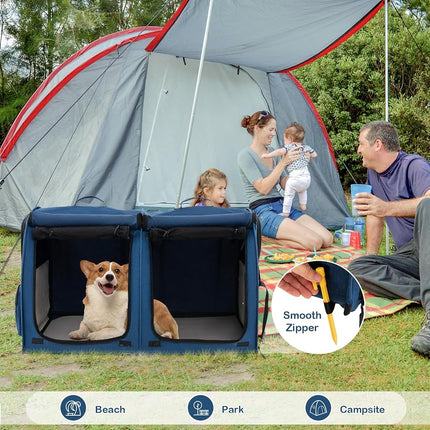 PETSITE 40 Inch Cat Carrier with Double Compartments, Portable Pet Kennel with 2 Removable Hammocks, Dual-use Mats & Litter Box, Soft-Sided Cat Dog Crate with Carry Bag & Ground Stakes (Black)