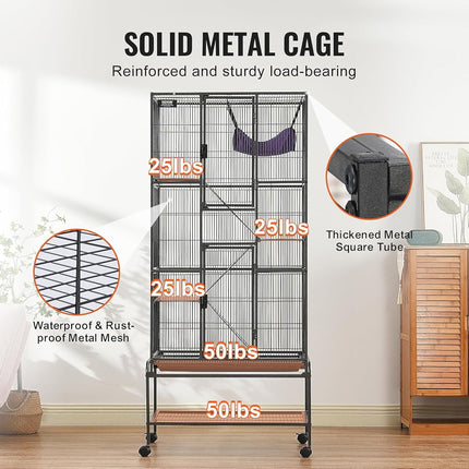 VEVOR 69" Rolling Metal Ferret Cage, Large 4-Tier Cage, Small Animal Cage with Ramps & Tray, Easy to Set up for Pet Rats, Hamster, Guinea Pig, Chinchilla, Squirrel, Hedgehogs, Bunny