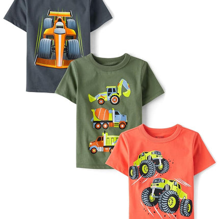Lot de t-shirts graphiques à manches courtes The Children's Place pour bébés et tout-petits garçons, modèles Véhicules, Course/Chantier/Monster Trucks, 2T